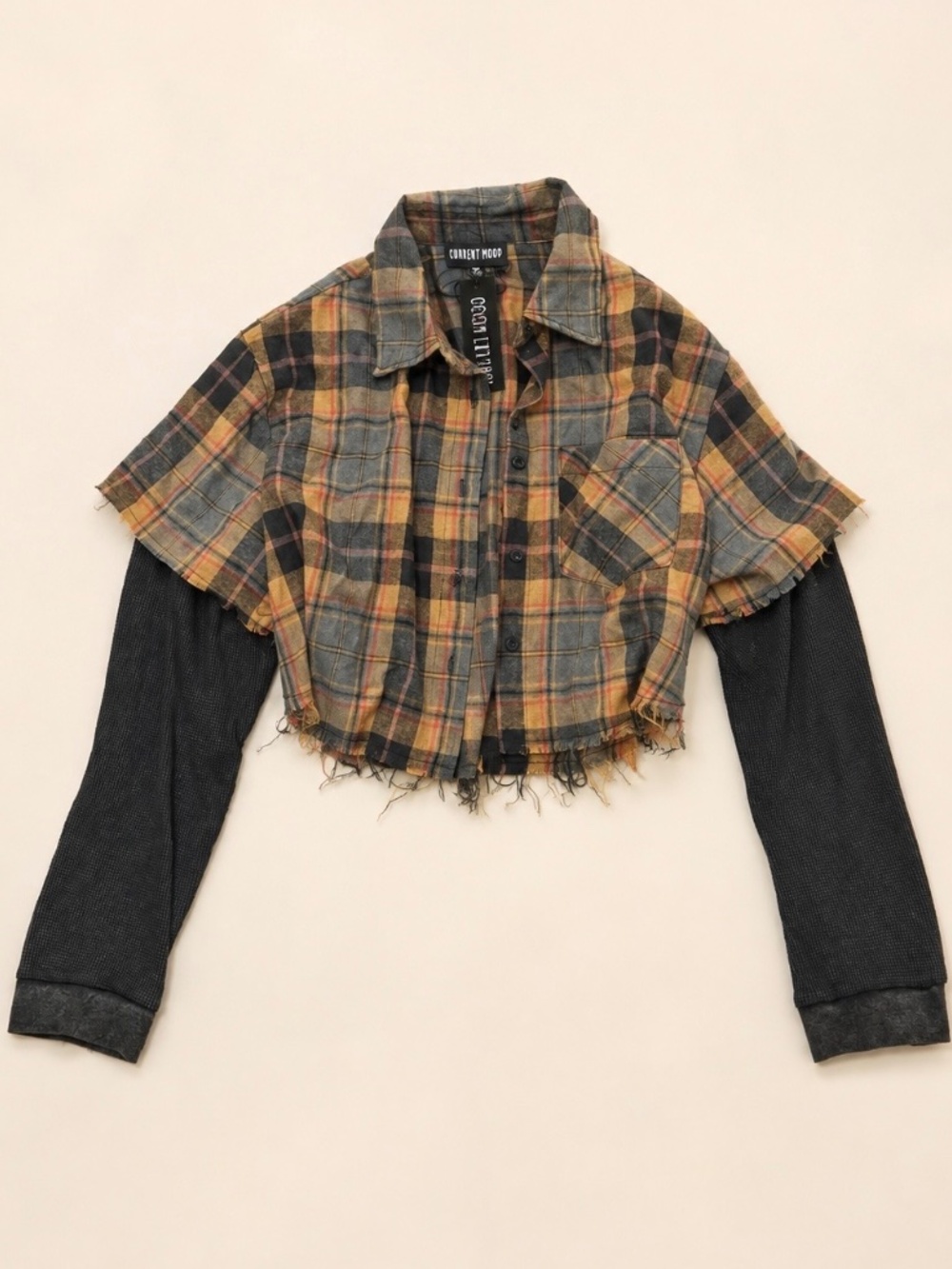 Current Mood Layered Plaid Crop Shirt XS
